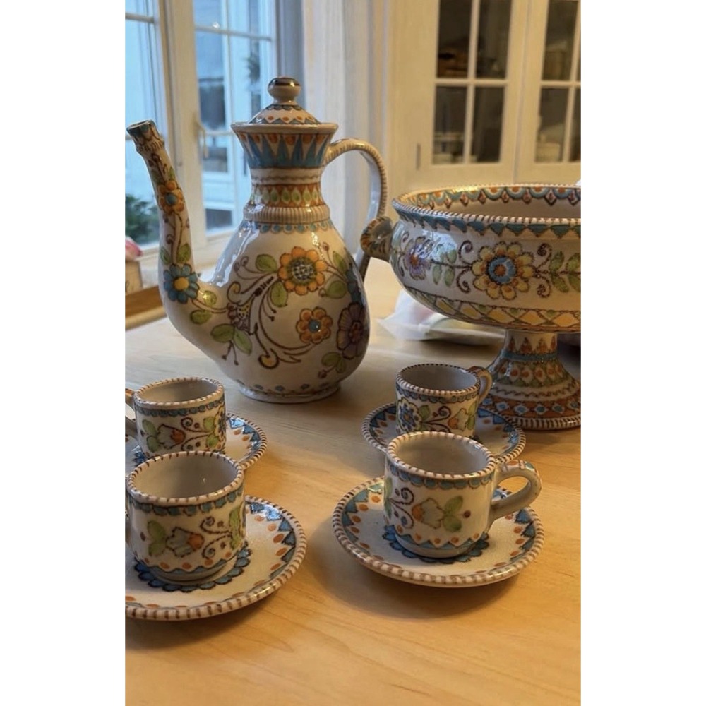 V. Pinto Vietro Hand-Painted Floral Ceramic Tea Set with Pedestal Bowl Set